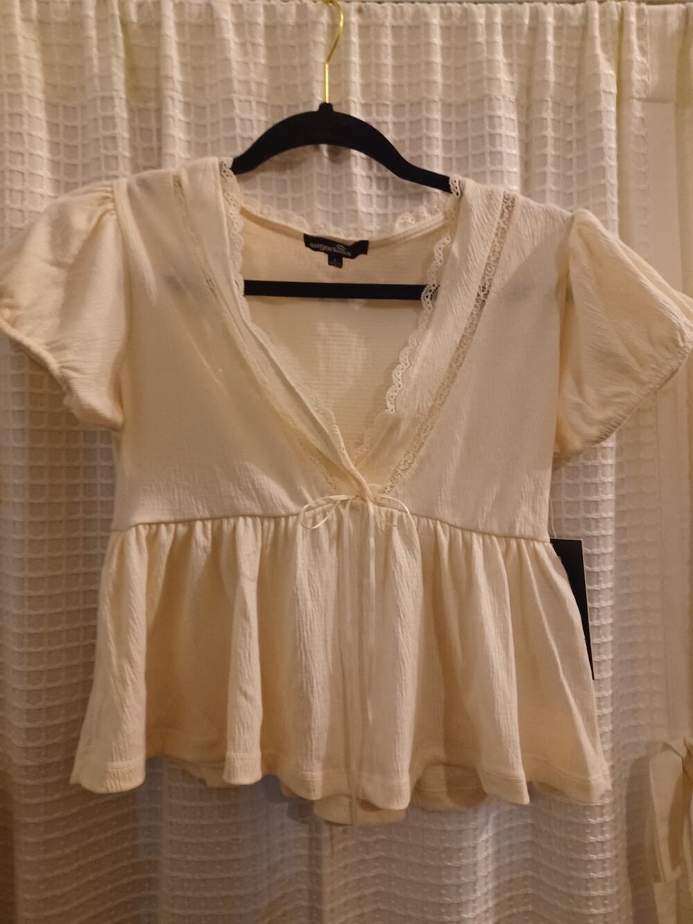 Sugar Kiss Cream Lace-Trim Peplum Blouse
